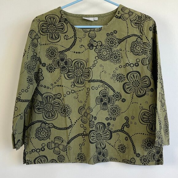 Hot Cotton Womens Floral Print 3/4 Sleeve Top Size S Olive Black Round Neck Slit - Picture 1 of 5